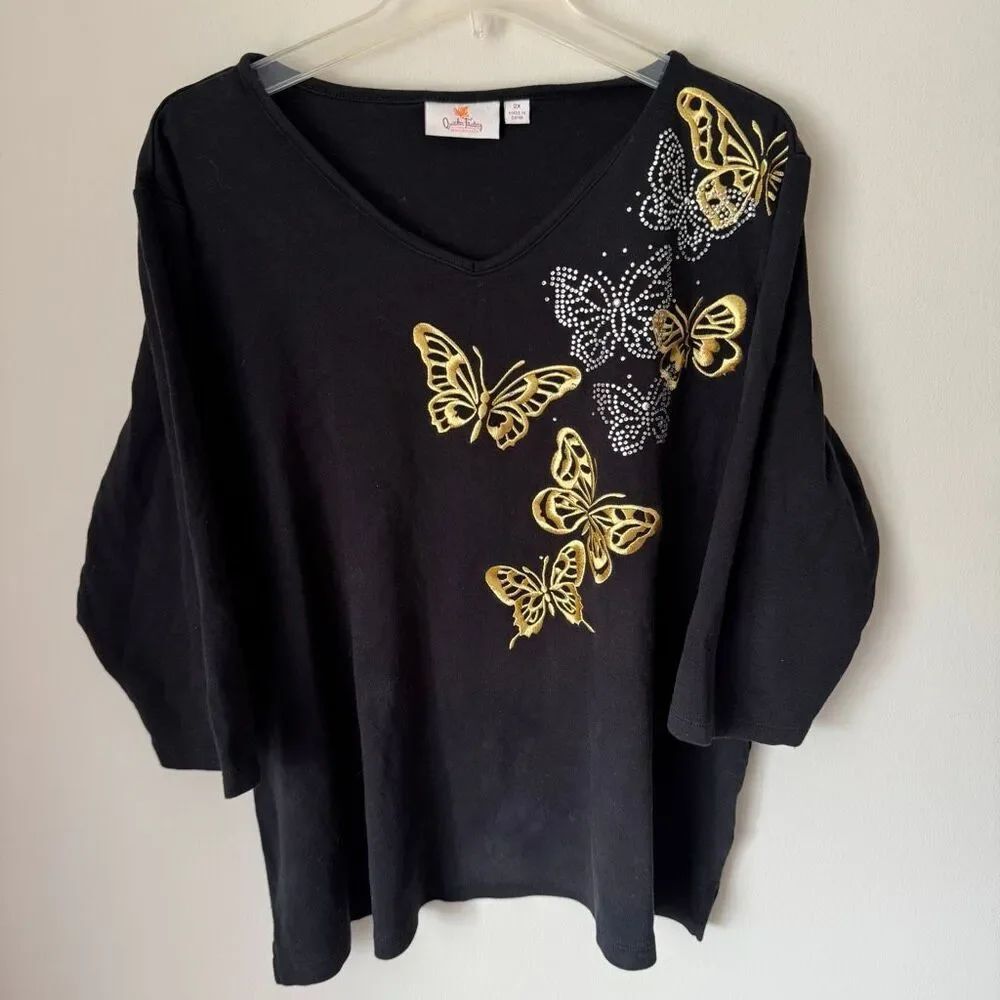 Quacker Factory Embroidery Butterfly 3/4 Length Sleeve Top